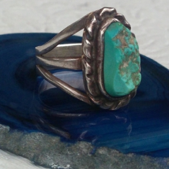 Native American Sterl.Silver Raw Turquoise Ring VINTAGE - Picture 2 of 16